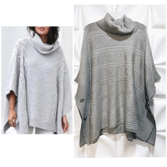 Calvin Klein Sz S / M Gray Cable Knit Poncho Sweater Cable Knit Cowl Turtleneck - Picture 4 of 9